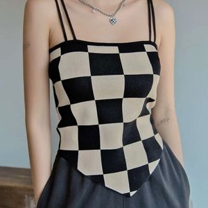 Checkered Beige Black V-Bottom Tank Top